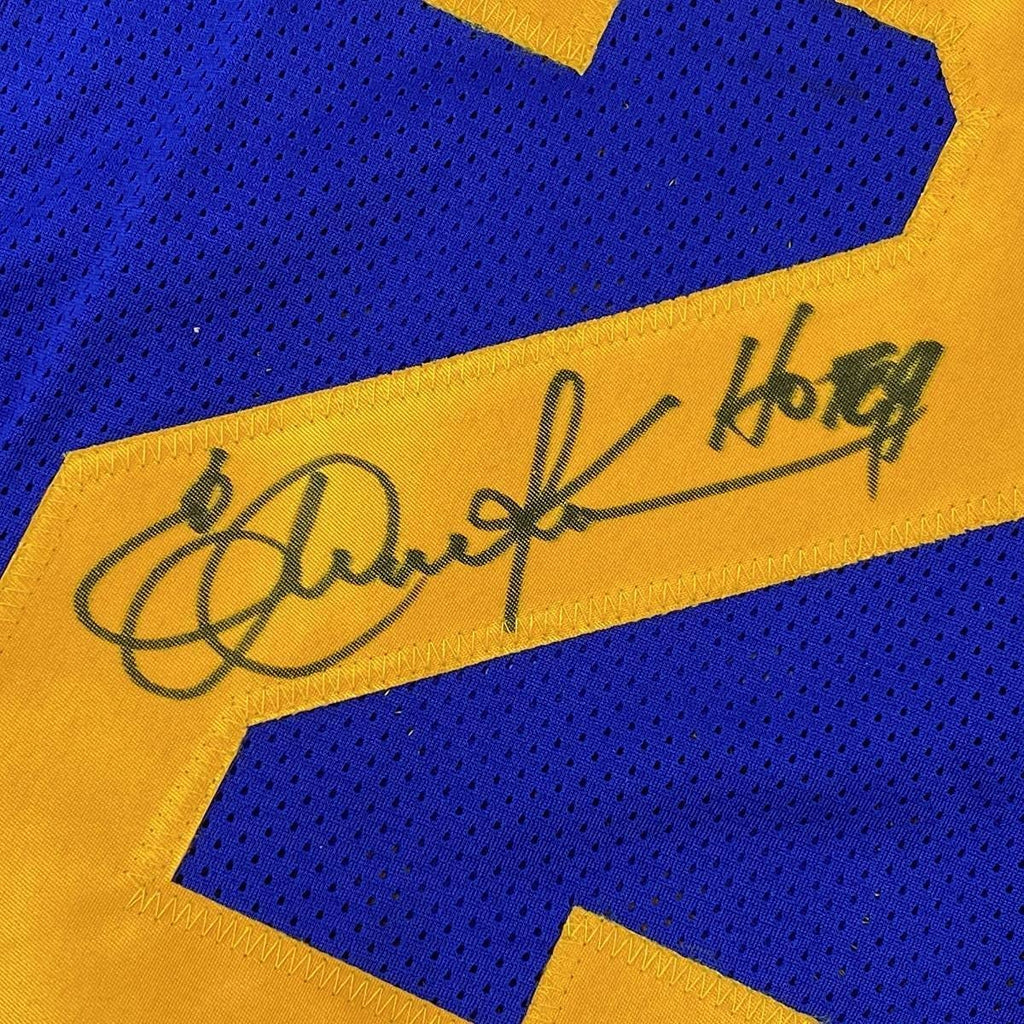 Framed Autographed/Signed Eric Dickerson 35x39 HOF 99 Los Angeles LA Blue Football Jersey Beckett BAS COA