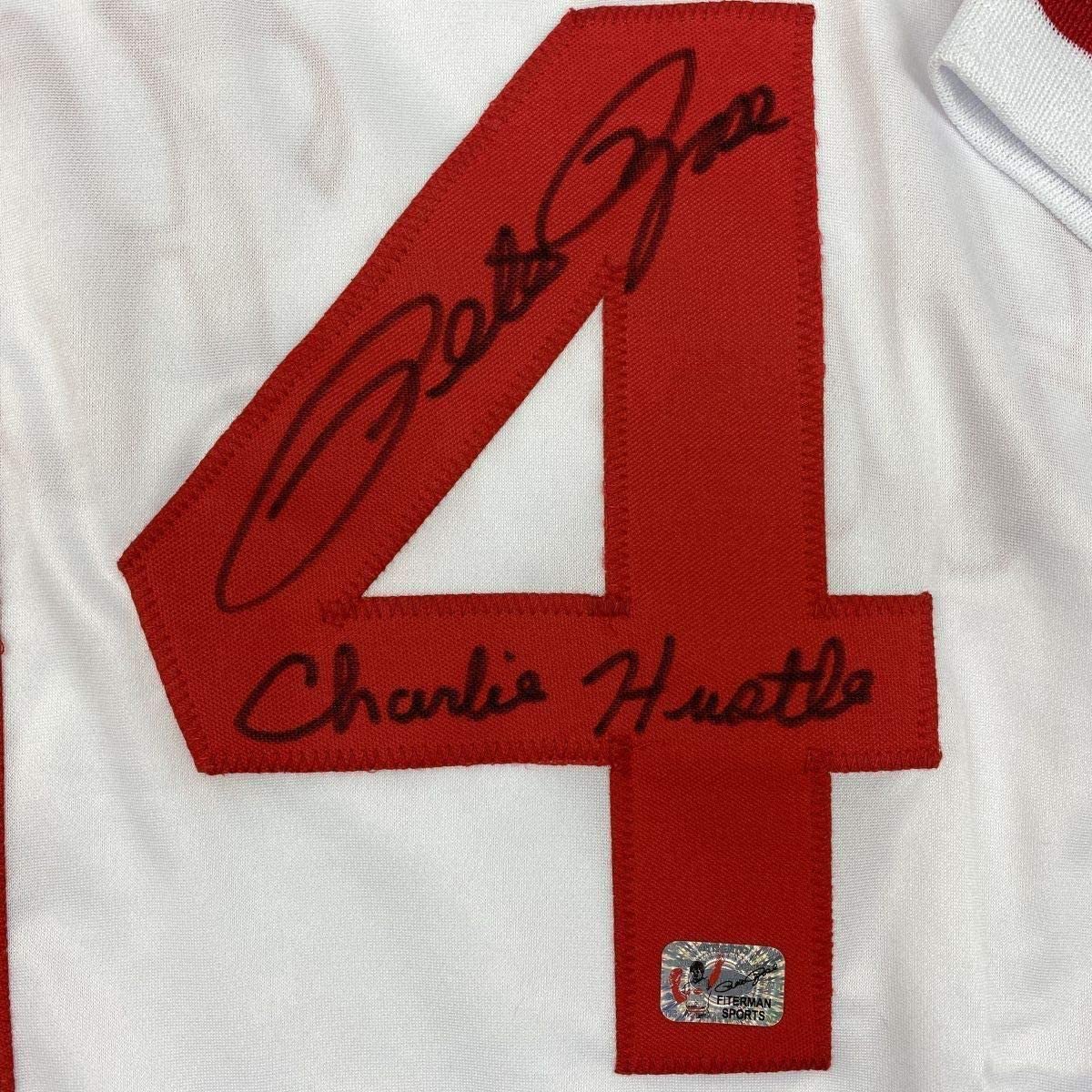 Framed Autographed/Signed Pete Rose Inscribed Charlie Hustle 35x39 Cincinnati White Baseball Jersey Athlete Hologram COA #2