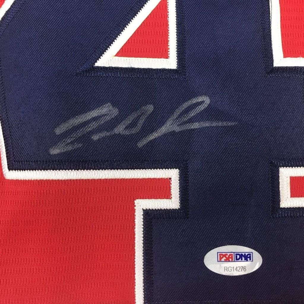 Framed Autographed/Signed Ronald Acuna Jr. 35x39 Atlanta Red Baseball Jersey PSA/DNA COA