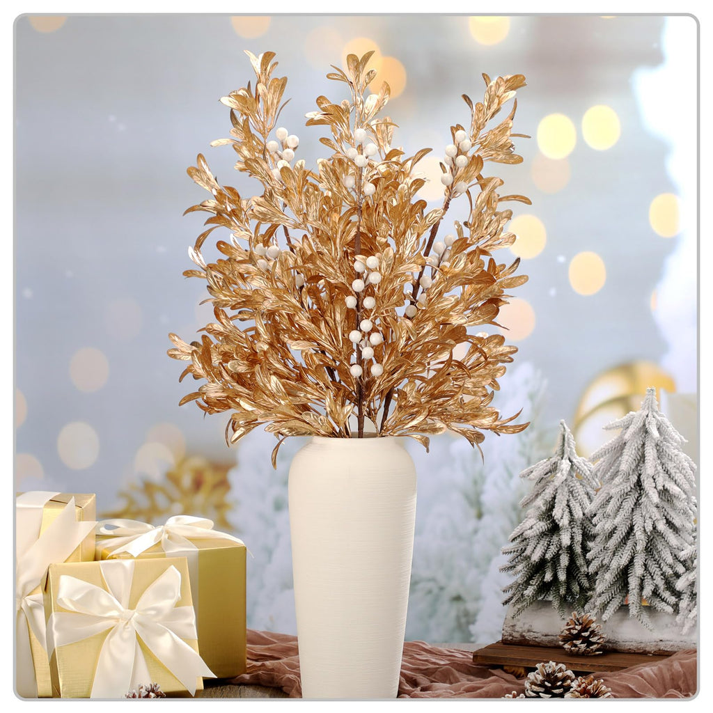 Giegxin 3 Pcs 30" Gold Leaf Christmas Tree Picks with White Berry