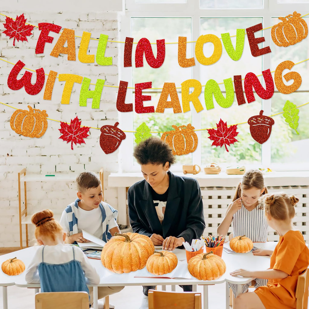 YWLACC Fall in Love with Learning Classroom Banner Autumn Leaves Pumpkin