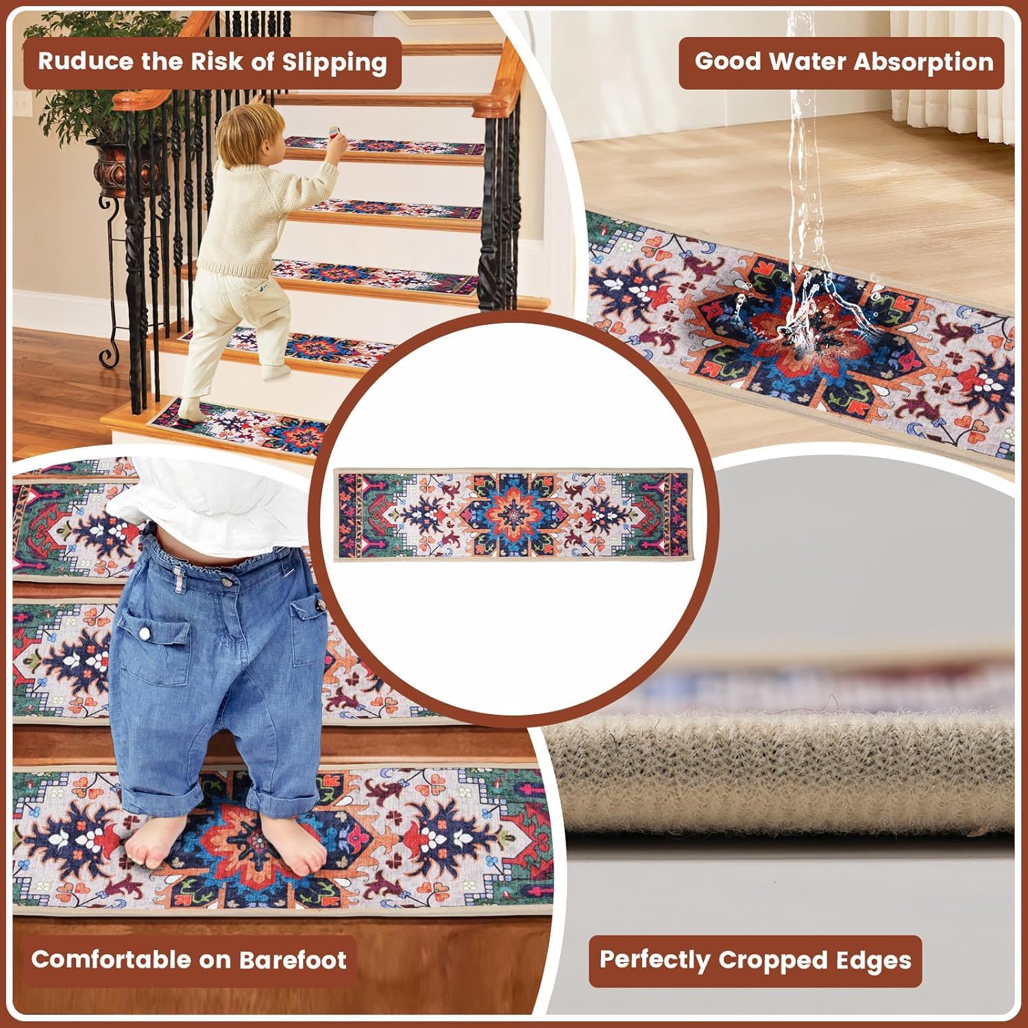 BAOLIVE Stair Treads Carpet 30x8 Orange 4pc Indoor Rubber Backing Boho