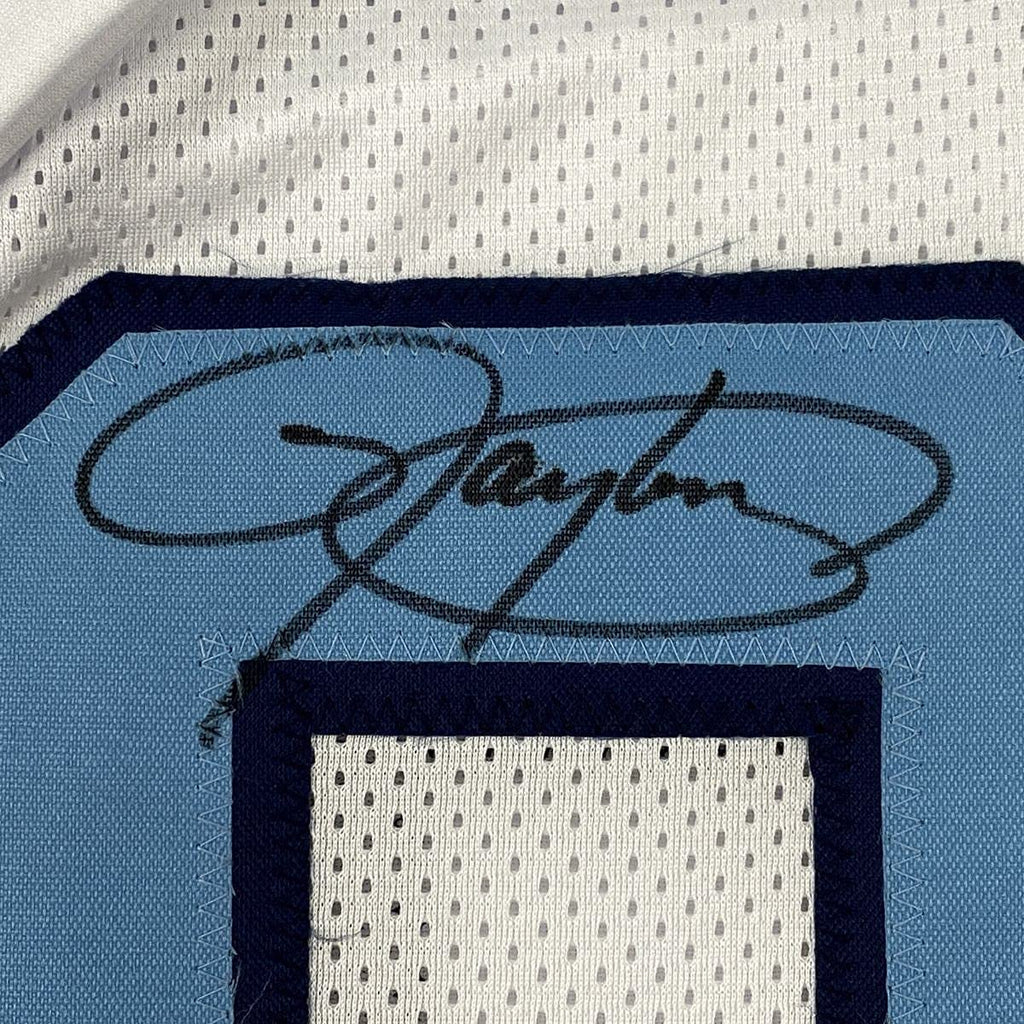 Framed Autographed/Signed Lawrence Taylor 35x39 North Carolina UNC White College Football Jersey JSA COA