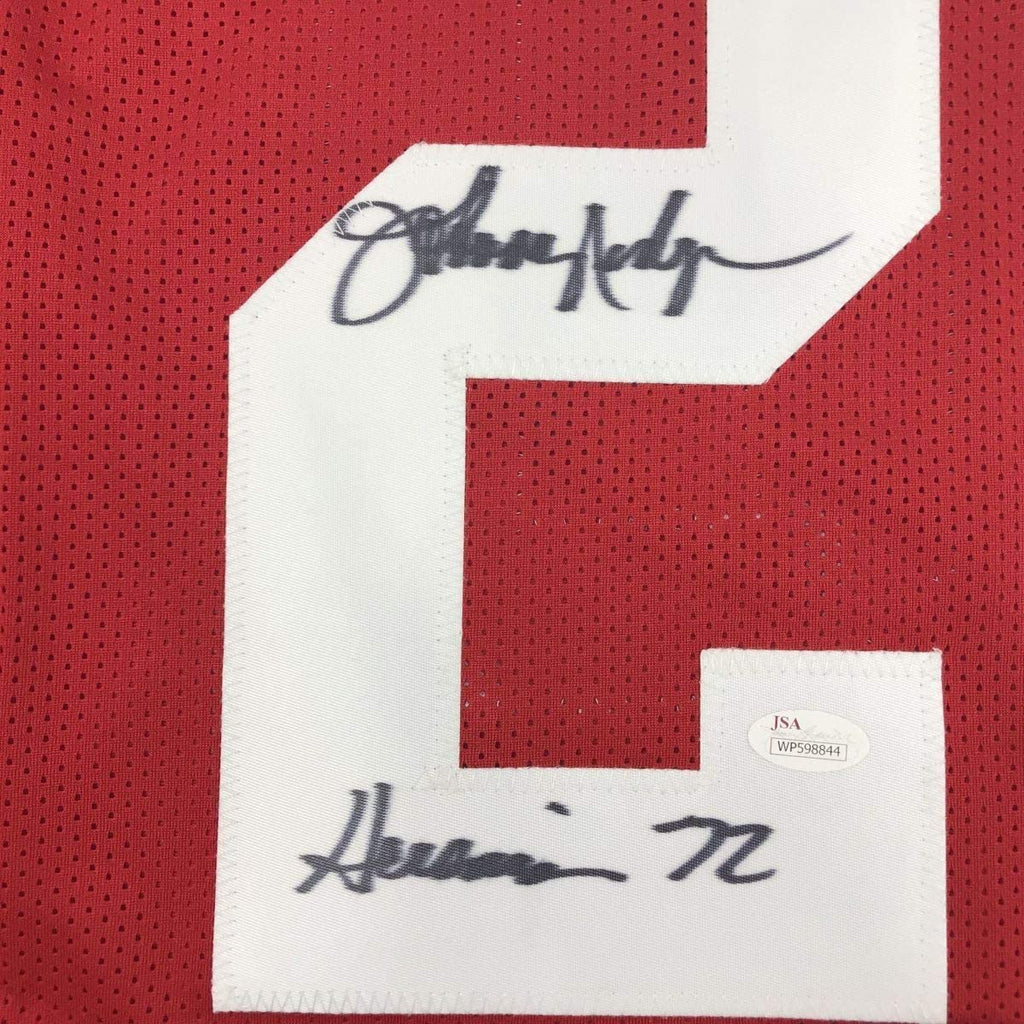 Framed Autographed/Signed Johnny Rodgers Heisman 72 35x39 Nebraska Cornhuskers Red Football Jersey JSA COA