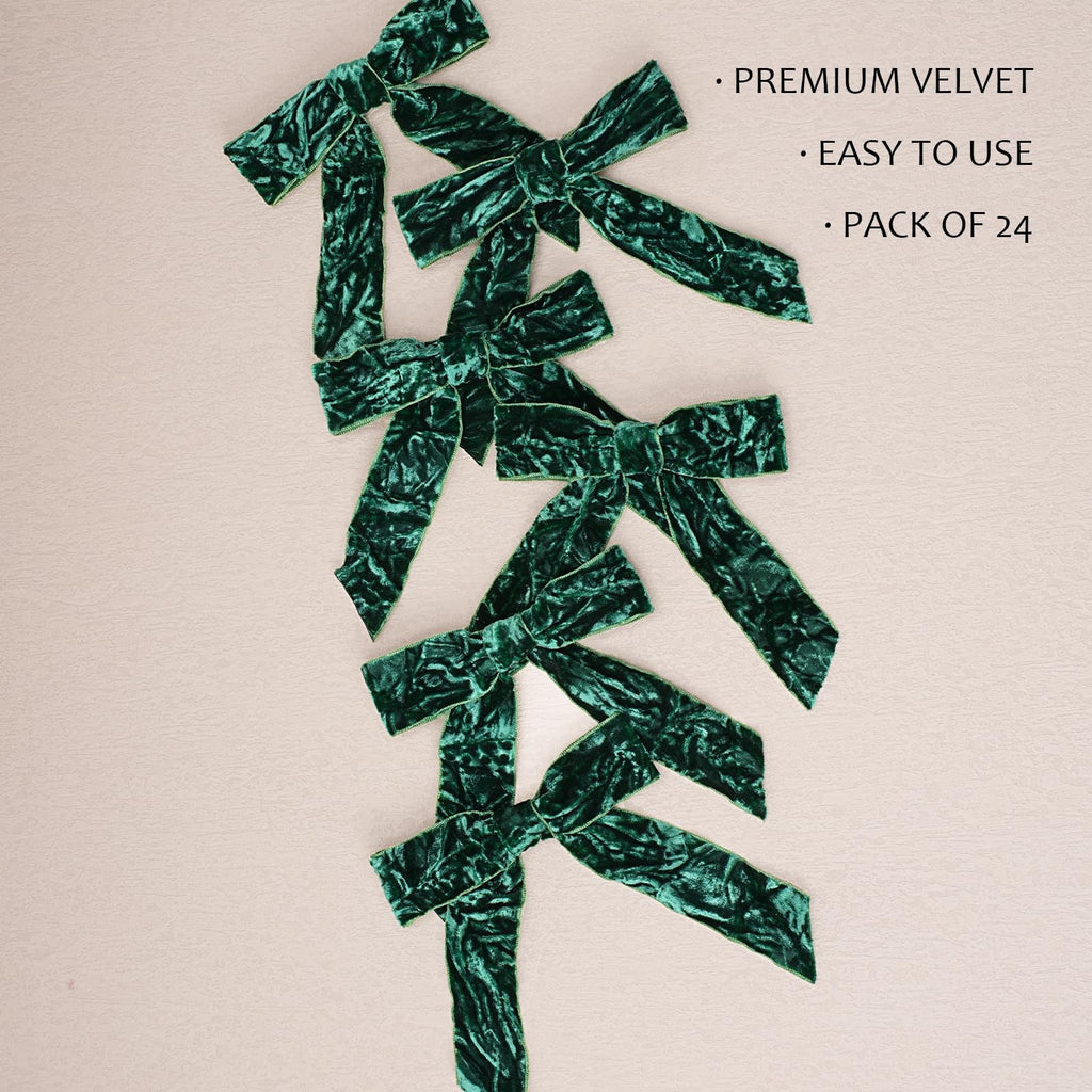 LaRibbons 24 Pcs Green Crinkled Velvet Bows 3.94x3.94in Vintage Style