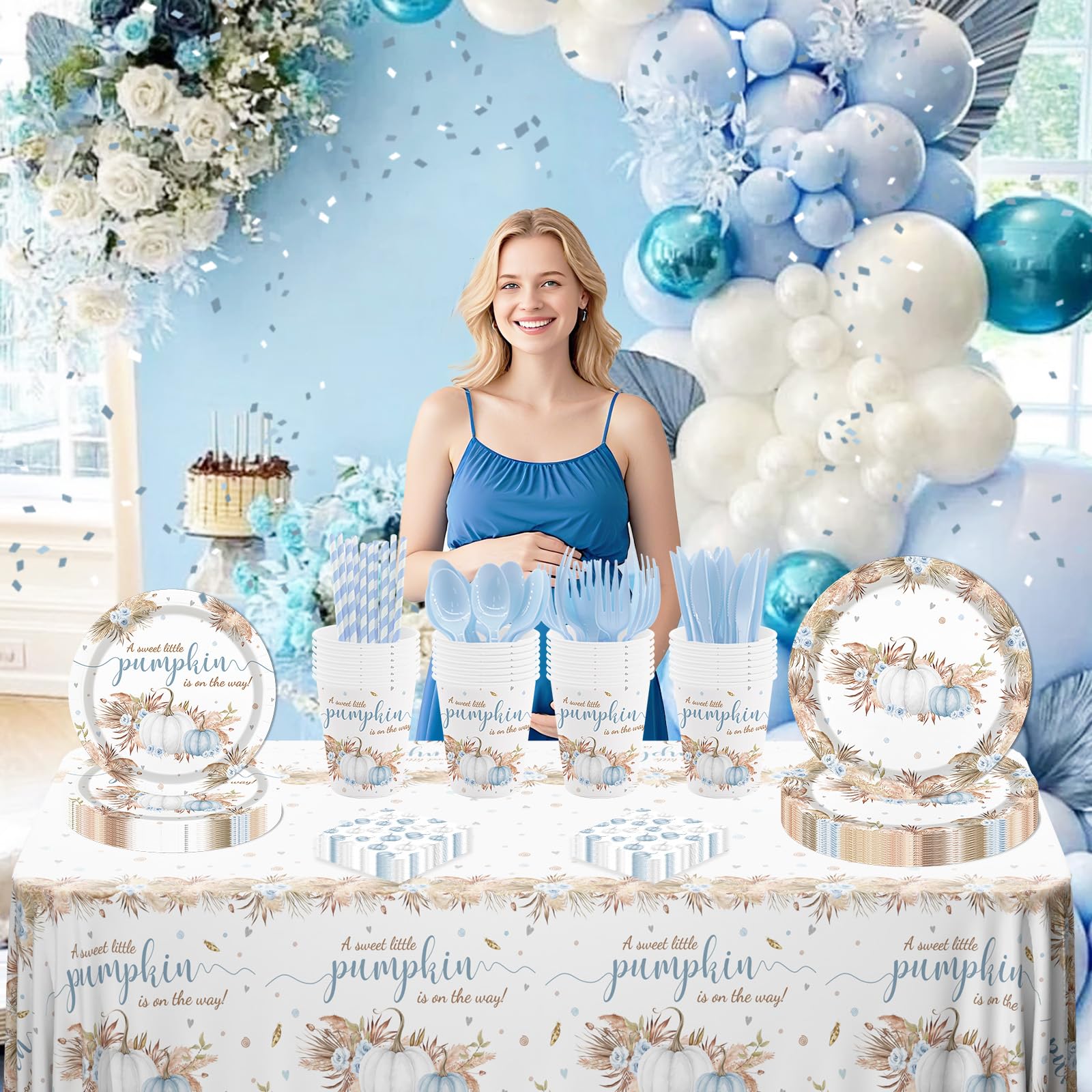 MEHOFOND Blue Pumpkin Baby Shower Party Supplies 193 Pcs Tableware Set