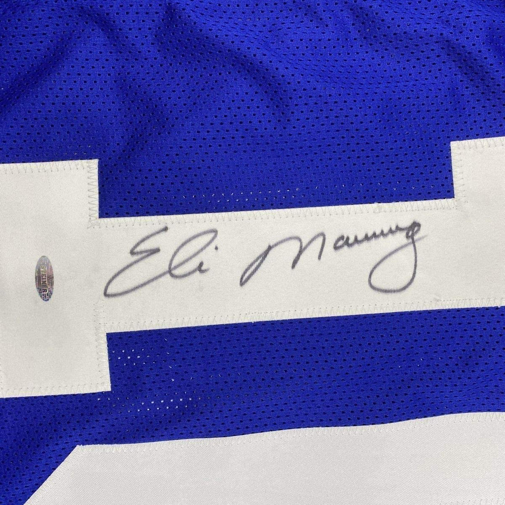 Framed Autographed/Signed Eli Manning 35x39 New York Blue Football Jersey Steiner Sports COA Hologram Only