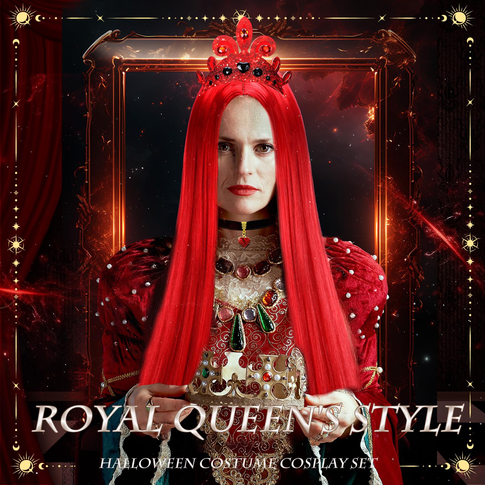 XunYee Halloween Queen Costume Set Red Wig Crown Choker Earrings 60x90cm