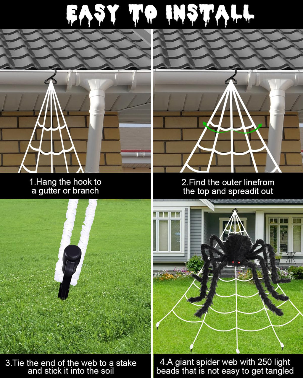 ECOHDT Brighter Spider Webs Halloween Lights 250 Purple LED 16.4Ft 8 Modes