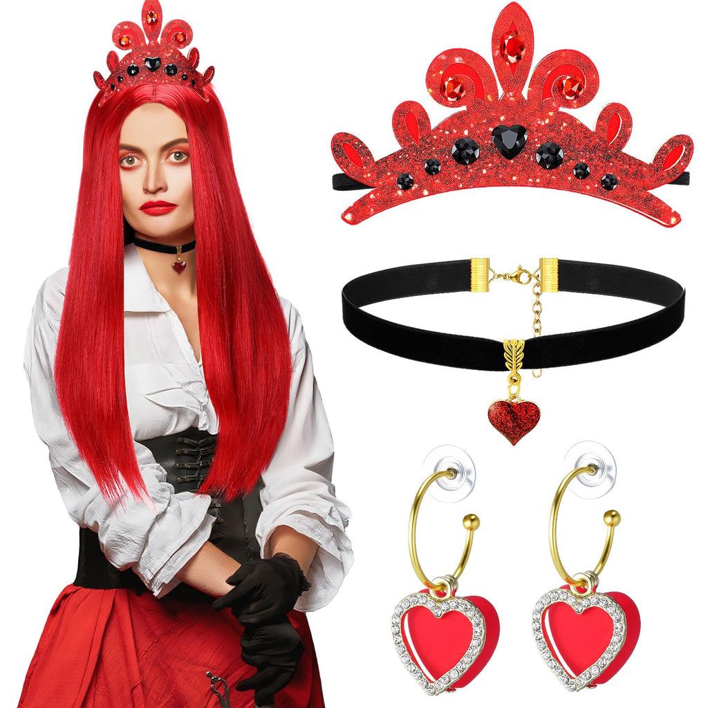 XunYee Halloween Queen Costume Set Red Wig Crown Choker Earrings 60x90cm