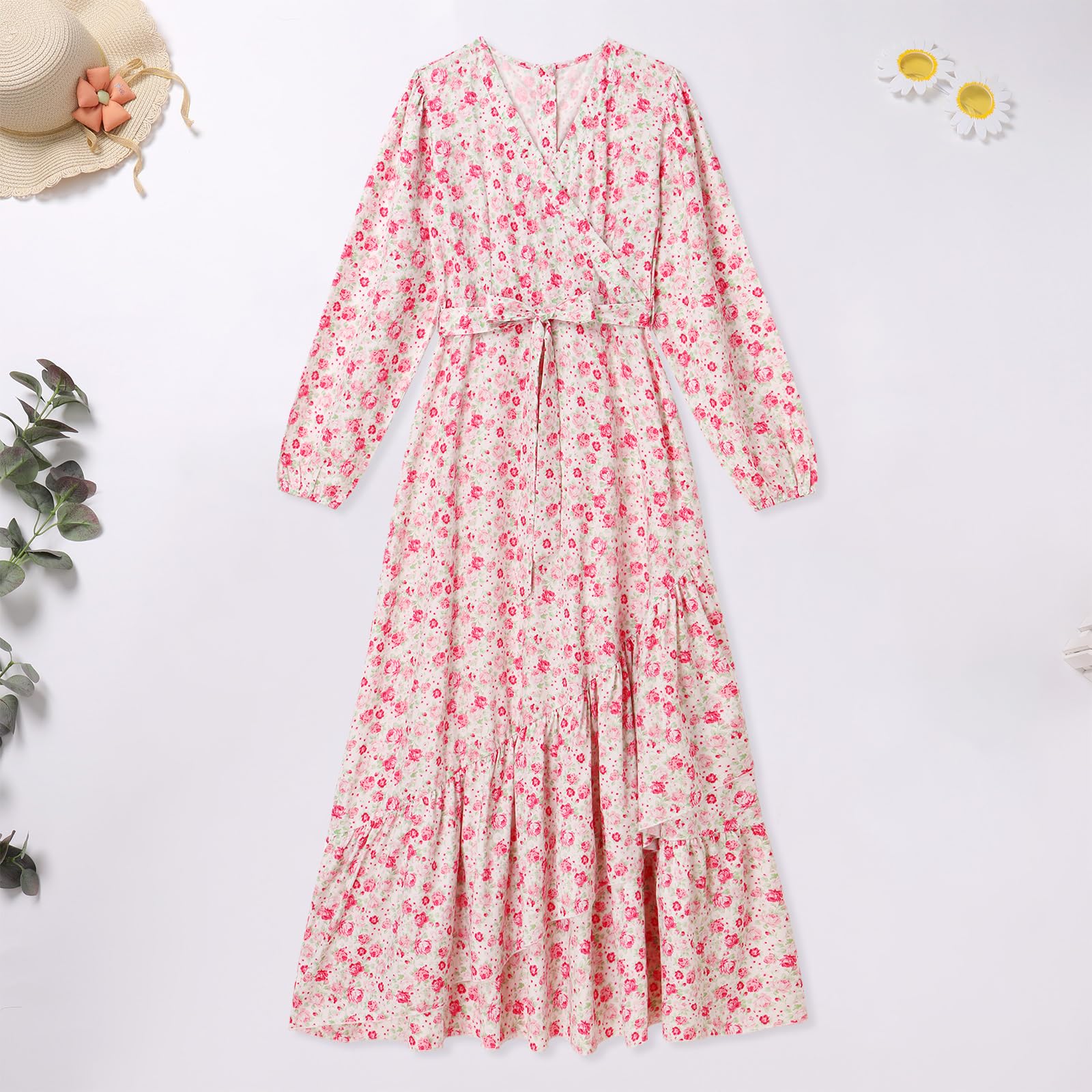 AWIBMK Mommy and Me Floral Boho A-Line V Neck Long Sleeve Dress Blue Pink Size L