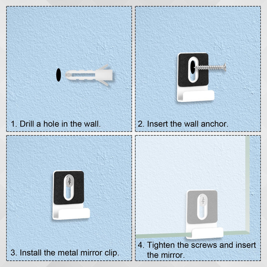 lasuroa 8pcs Heavy Duty White Metal Mirror Clips Holder Kit with Screws Pads