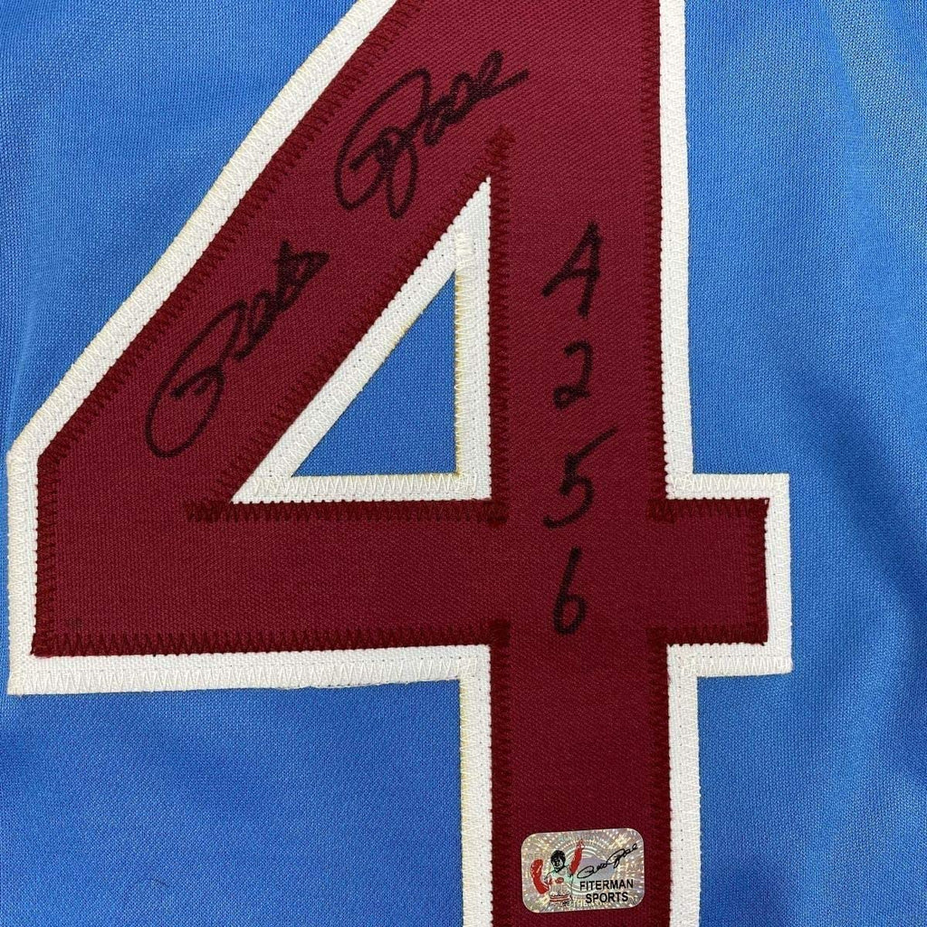 Framed Autographed/Signed Pete Rose 4256 35x39 Philadelphia Blue Baseball Jersey Athlete Hologram COA