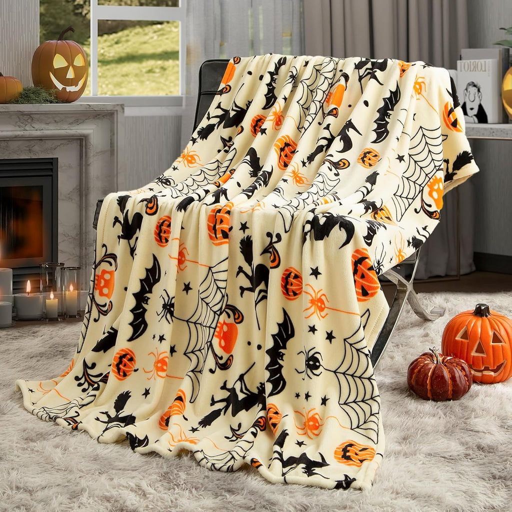 Generic Halloween Throw Blanket Witch Hat Spider Webs Cozy Flannel Multicolor