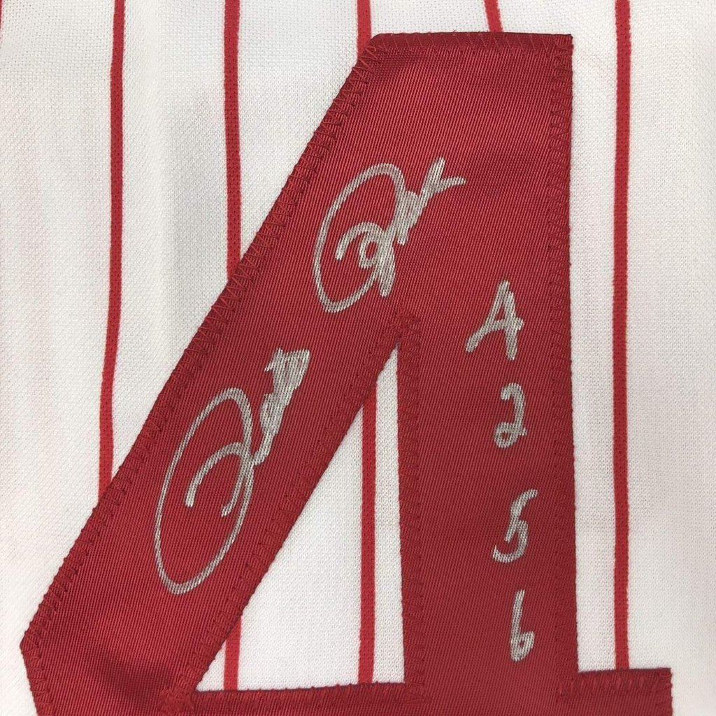 Framed Autographed/Signed Pete Rose 4256 35x39 Cincinnati Pinstripe Baseball Jersey JSA COA