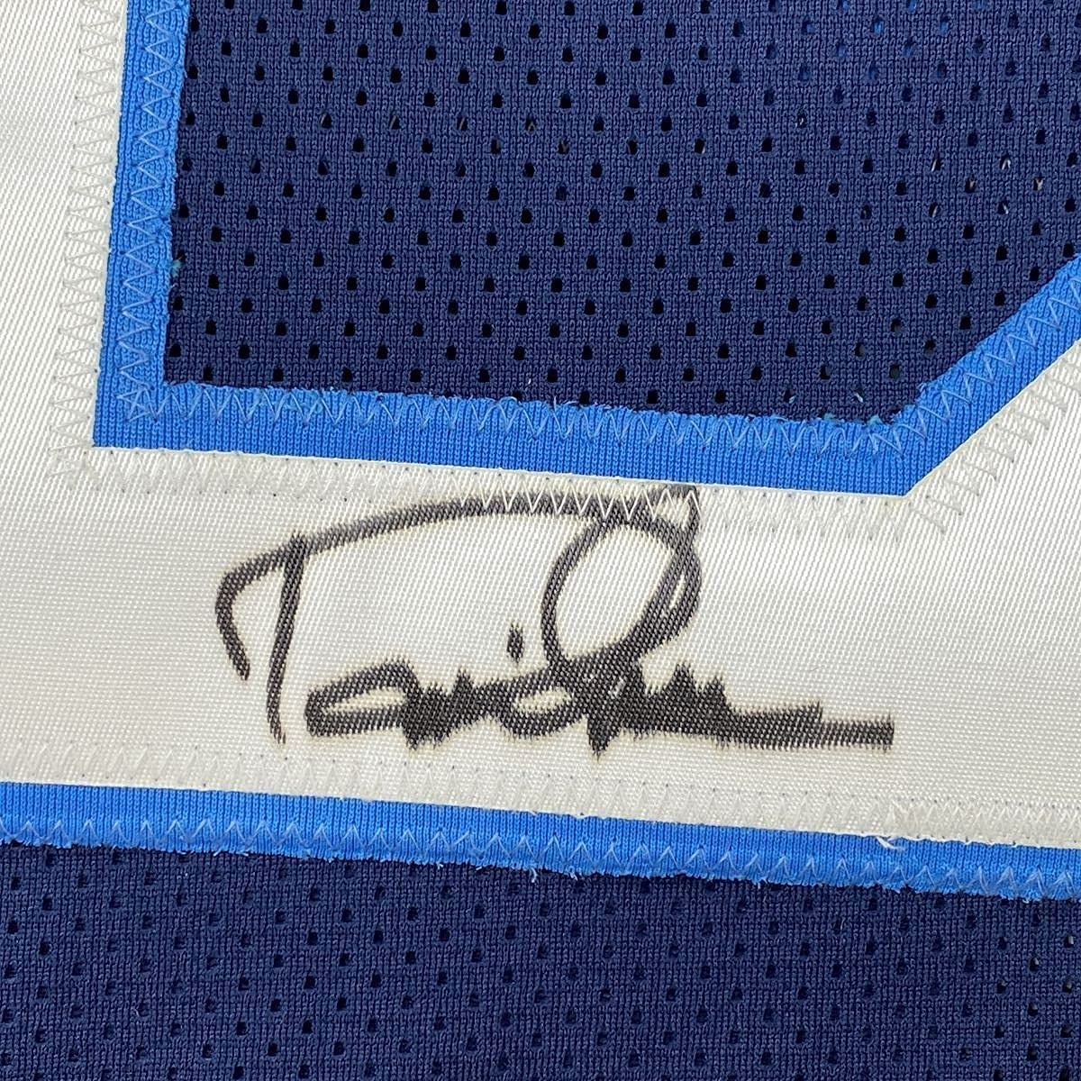 Framed Autographed/Signed Derrick Henry 35x39 Tennessee Dark Blue Football Jersey Beckett BAS COA