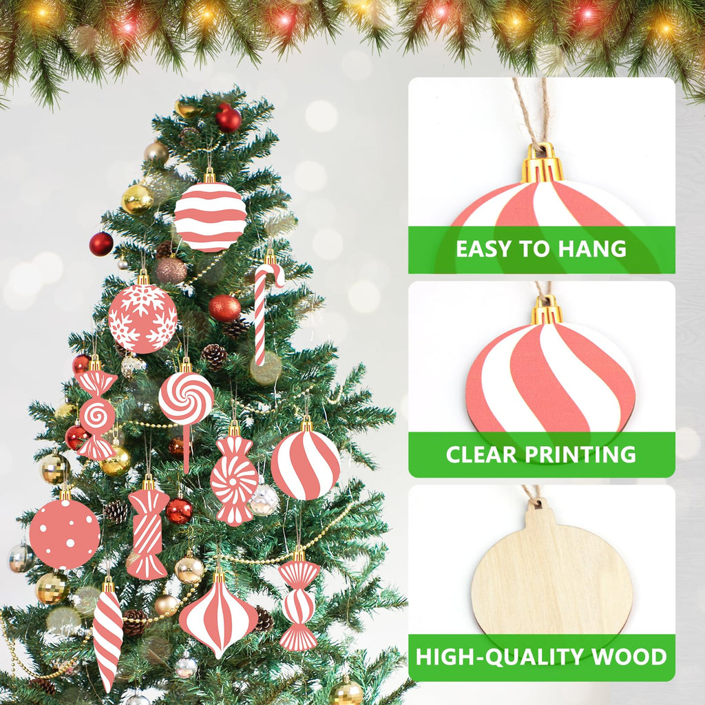 Arosche Christmas Candyland Tree Decorations 24Pcs Pink Wooden Ornaments