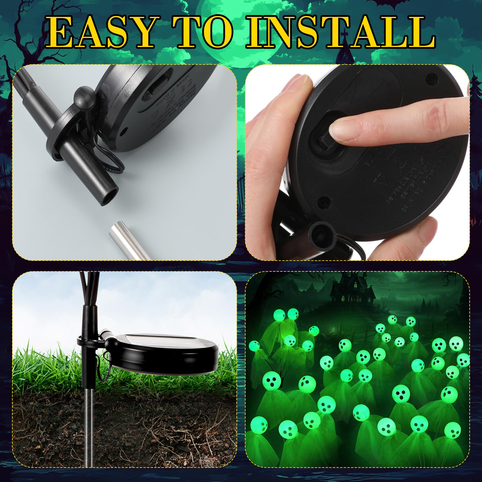 VIHOSE 6 Pack 36 LED Green Solar Halloween Ghost Pathway Lights Outdoor