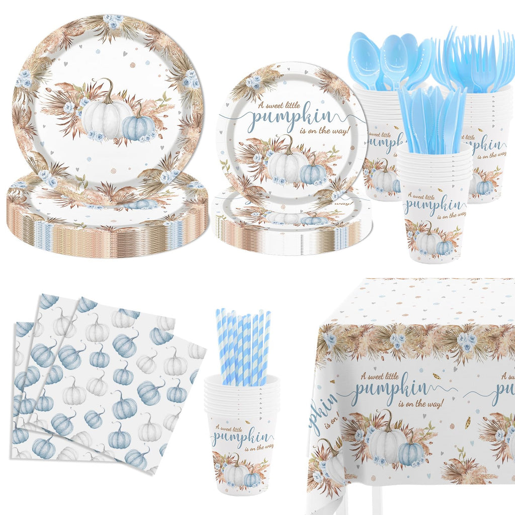 MEHOFOND Blue Pumpkin Baby Shower Party Supplies 193 Pcs Tableware Set