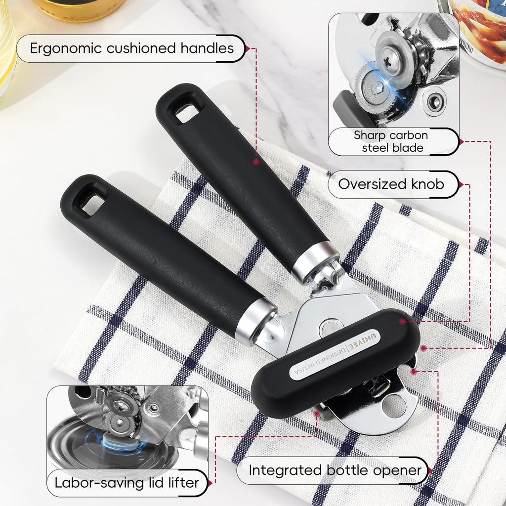 UHIYEE Manual Can Opener Heavy Duty Sharp Blade Soft Handle Black