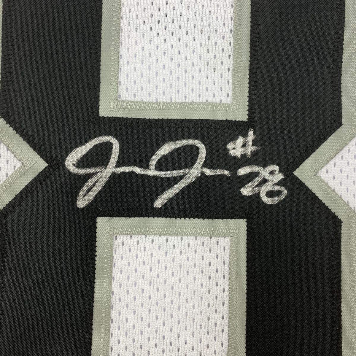 Framed Autographed/Signed Josh Jacobs 35x39 Las Vegas Oakland White Football Jersey Beckett BAS COA
