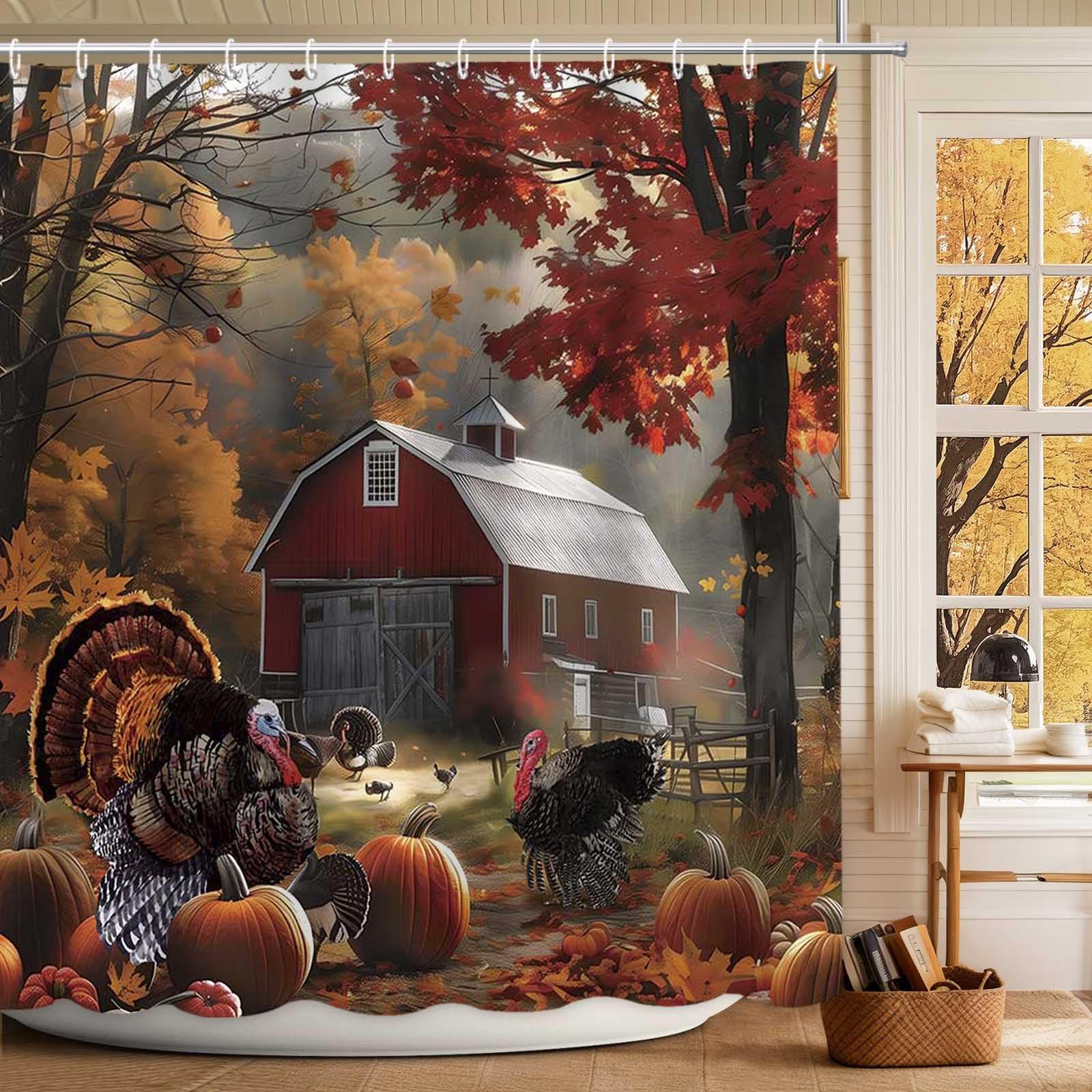 MEHOFOND Thanksgiving Waterproof Fabric Shower Curtain Red Barn 72x72 Inch