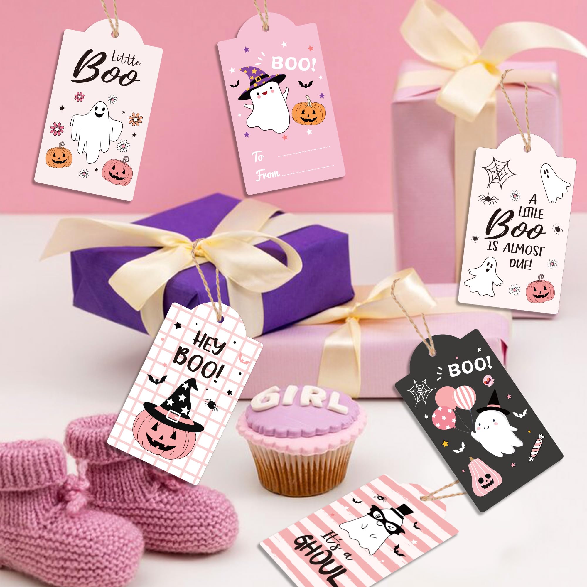 MOZUI Halloween Thank You Tags 60pcs Pink Black Ghost Pumpkin Kraft Paper