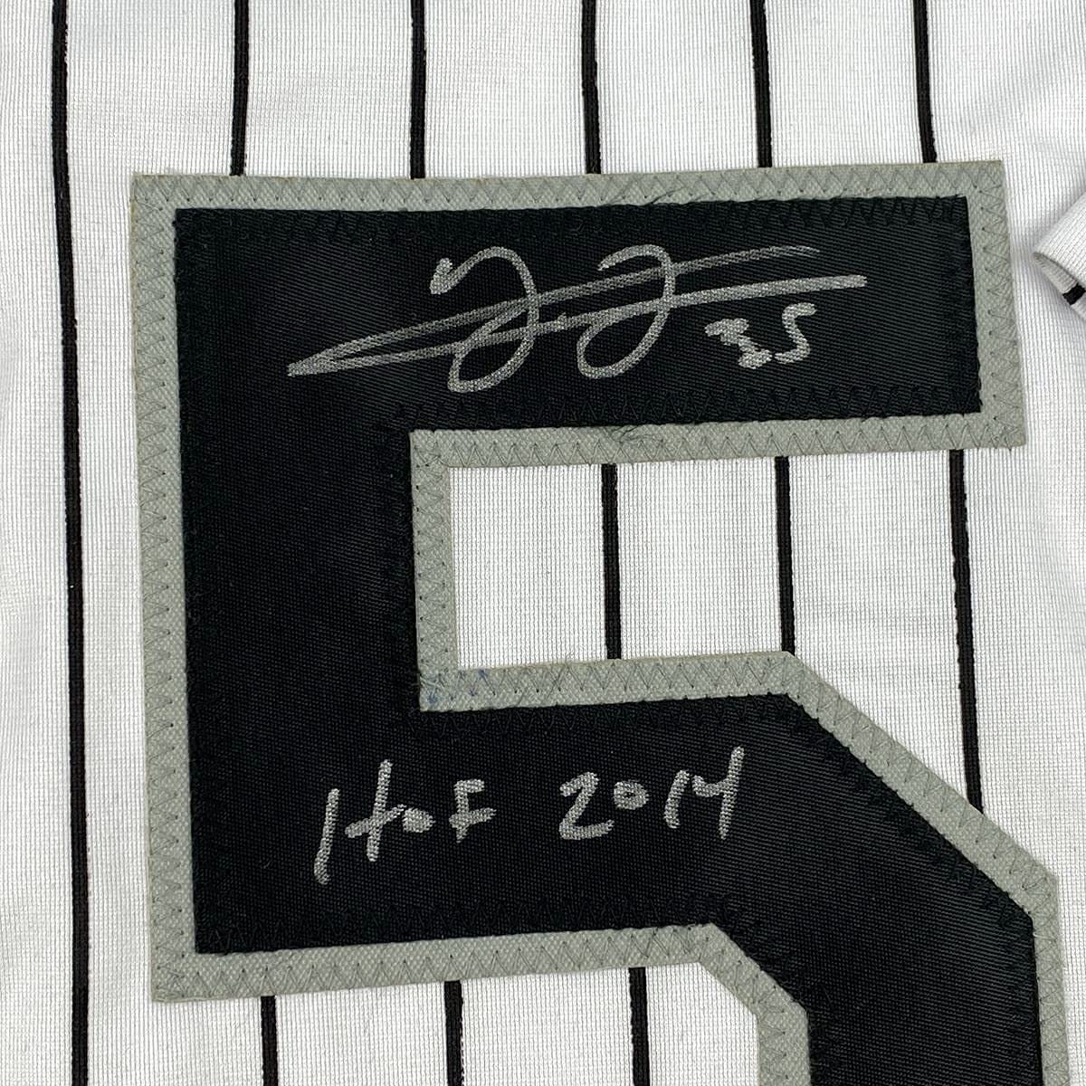Framed Autographed/Signed Frank Thomas HOF 2014 35x39 Chicago Pinstripe Baseball Jersey JSA COA