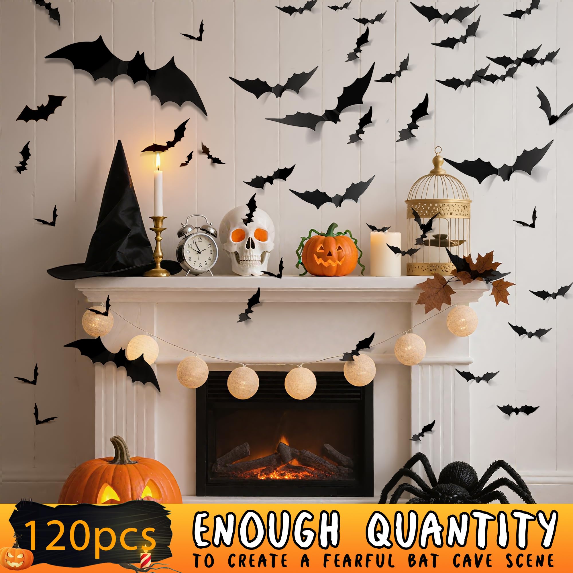 PFAMKEER Halloween Bat Stickers 120pcs 3D Black PVC Various Sizes