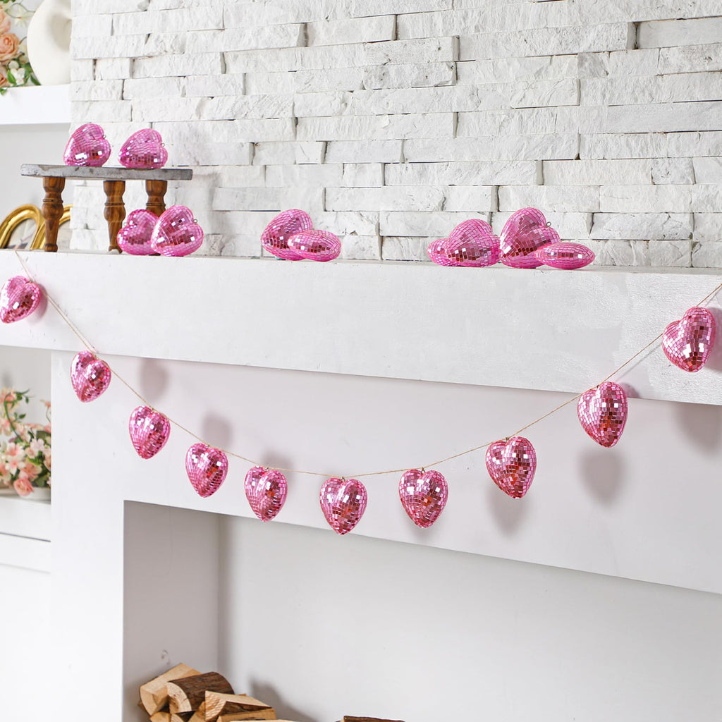 Mindsoft 8.2 ft Valentine's Day Pink Disco Heart Garland Farmhouse Heart Hanging Ornaments Mirror Disco Ball Modern Valentine's Day Decorations Gifts for Bride Shower Wedding Anniversary Party Favors