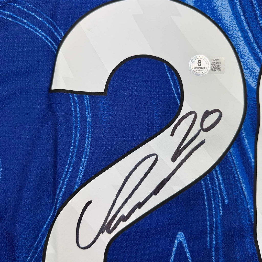 Framed Autographed/Signed Cole Palmer 35x39 Chelsea FC Blue Soccer Futbol Jersey Beckett BAS COA