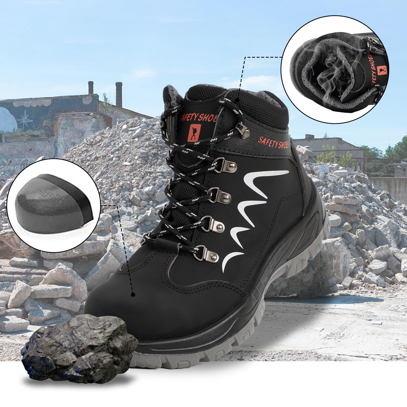 ESTAMICO Steel Toe Waterproof Work Boots Men Black Size 7.5