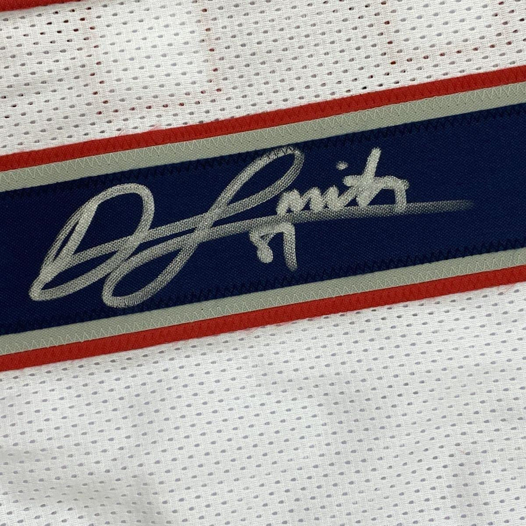 Framed Autographed/Signed Jonnu Smith 35x39 New England White Football Jersey Beckett BAS COA