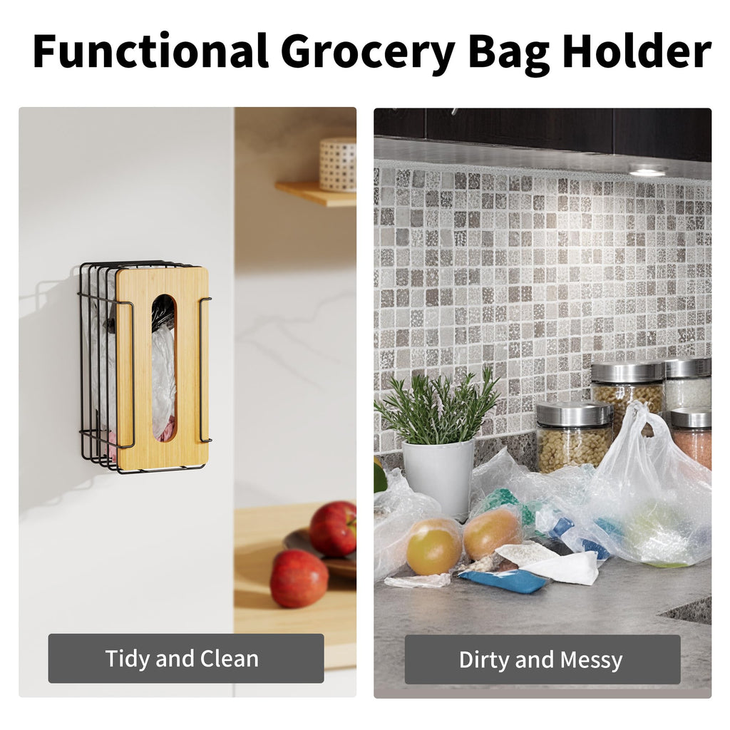 Stylstoreazy 2 Pack Wall Mount Grocery Bag Holder Bamboo Top Black Large