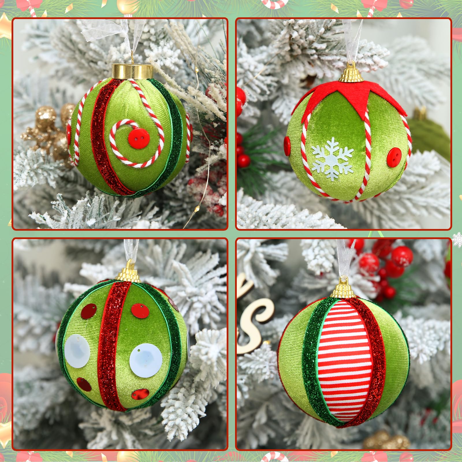 SUPREME XMAS 12 Pcs Velvet Christmas Ornaments Set 80mm Green Red White