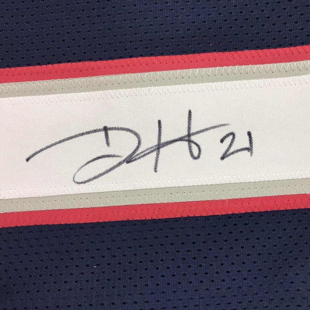 Framed Autographed/Signed Duron Harmon 35x39 New England Blue Football Jersey JSA COA