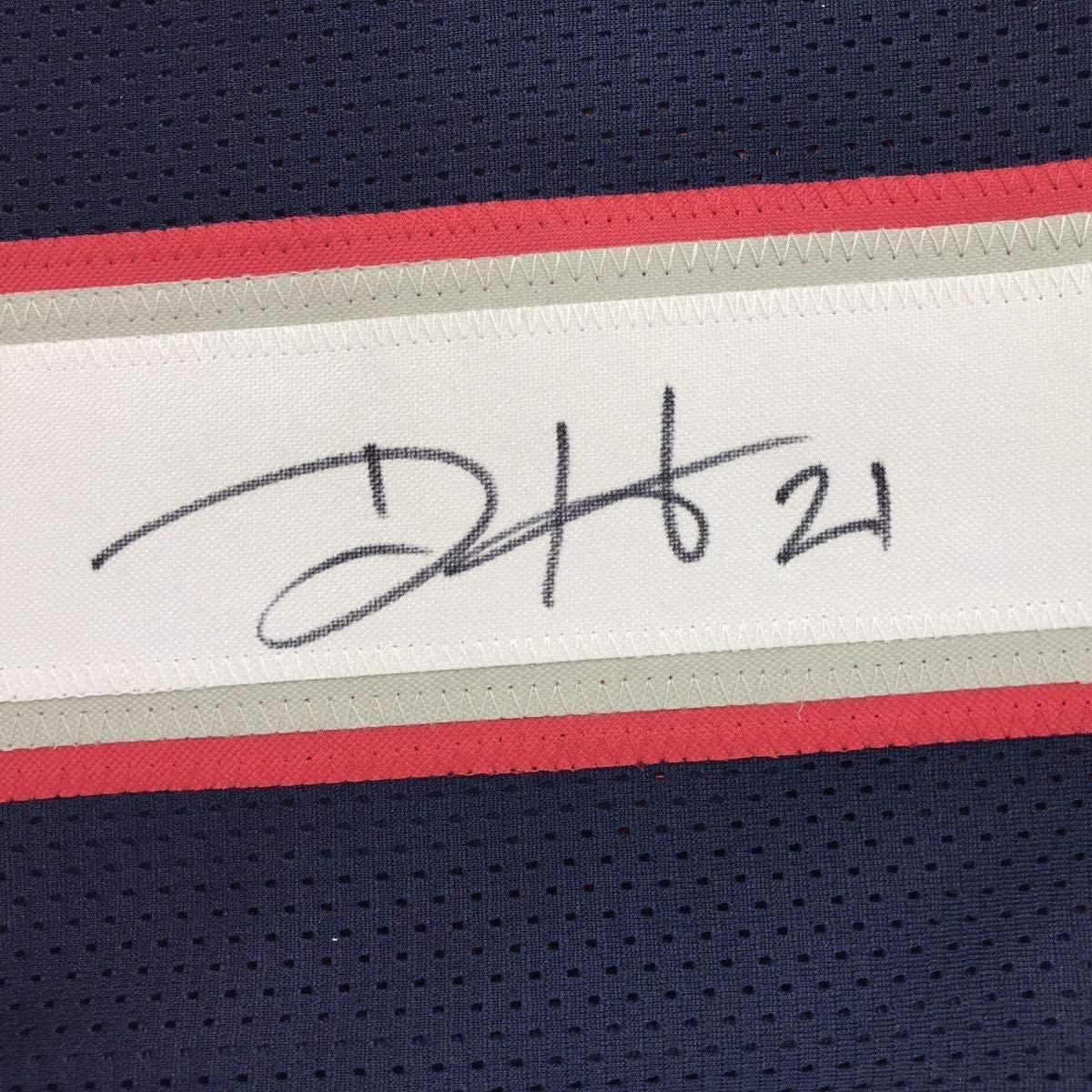 Framed Autographed/Signed Duron Harmon 35x39 New England Blue Football Jersey JSA COA