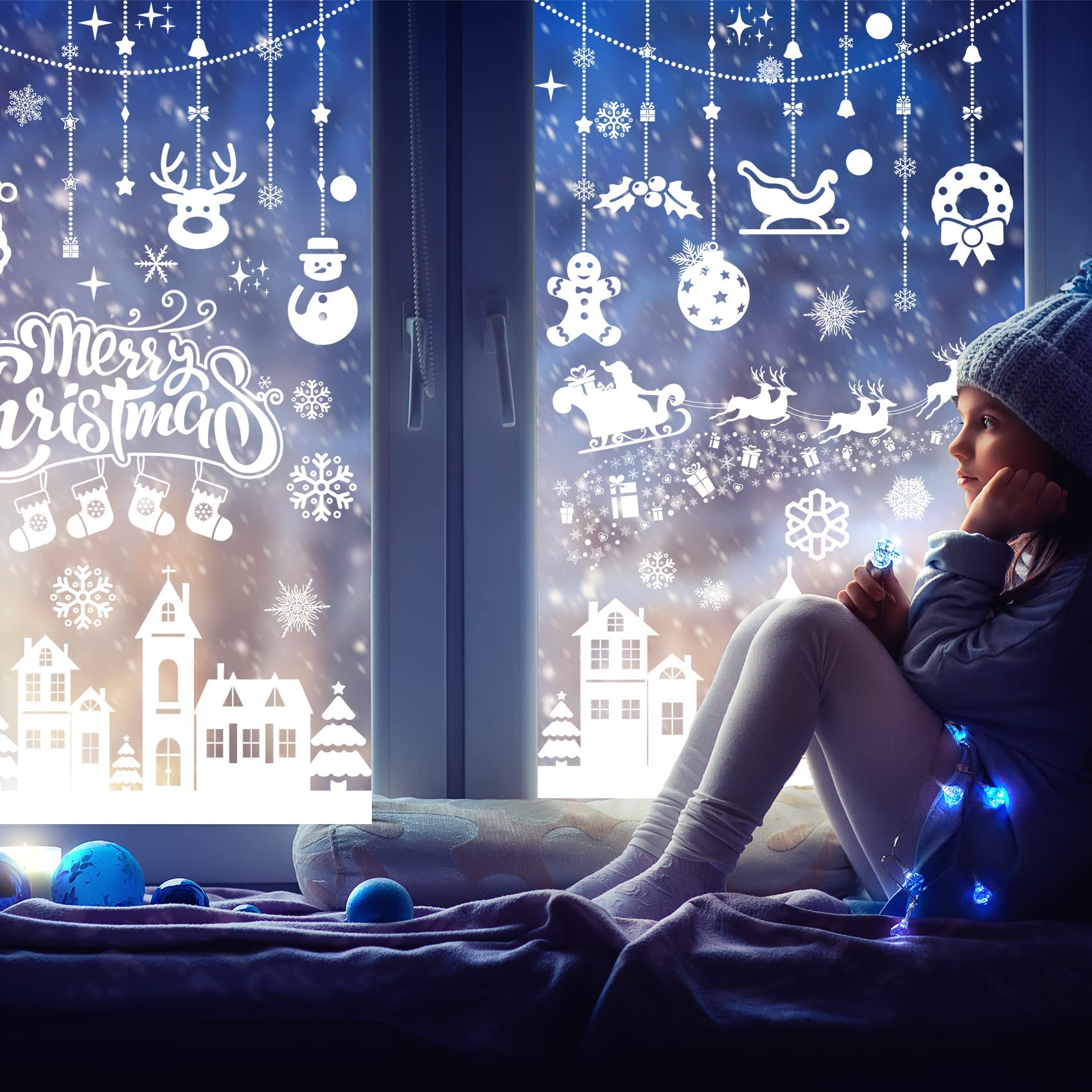 MISS FANTASY Christmas Window Clings 10 Sheets White Snow Scene Decorations