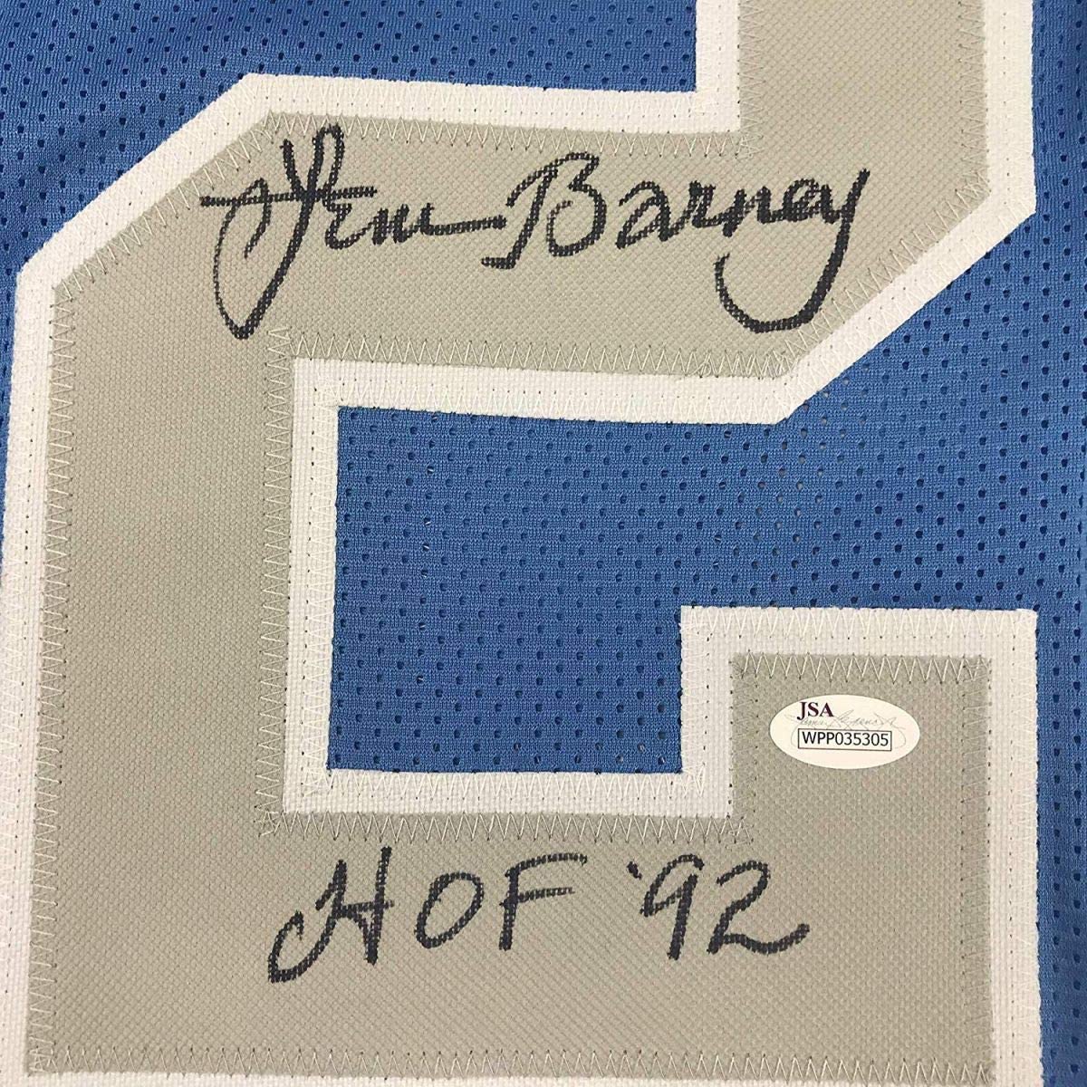Framed Autographed/Signed Lem Barney HOF 92 35x39 Detroit Blue Football Jersey JSA COA