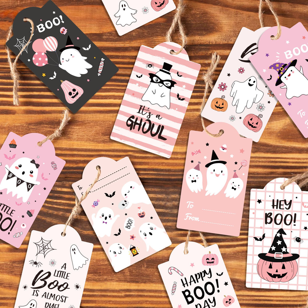 MOZUI Halloween Thank You Tags 60pcs Pink Black Ghost Pumpkin Kraft Paper