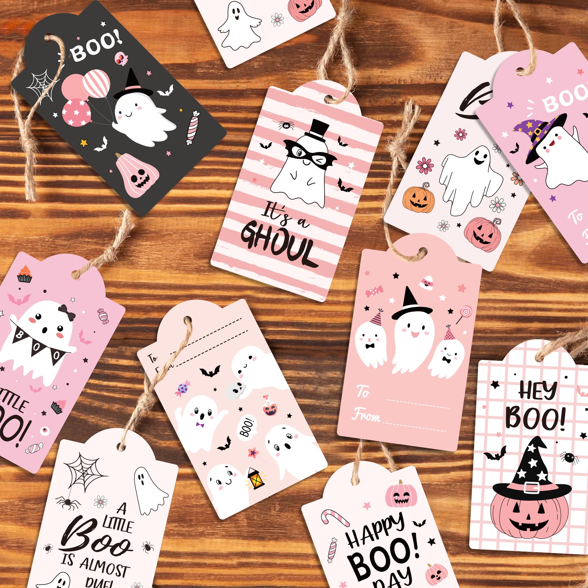 MOZUI Halloween Thank You Tags 60pcs Pink Black Ghost Pumpkin Kraft Paper
