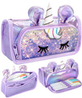 LISEVO 3D Sparkly Pencil Case Purple Cute Sequin Pencil Pouch Girls Kids