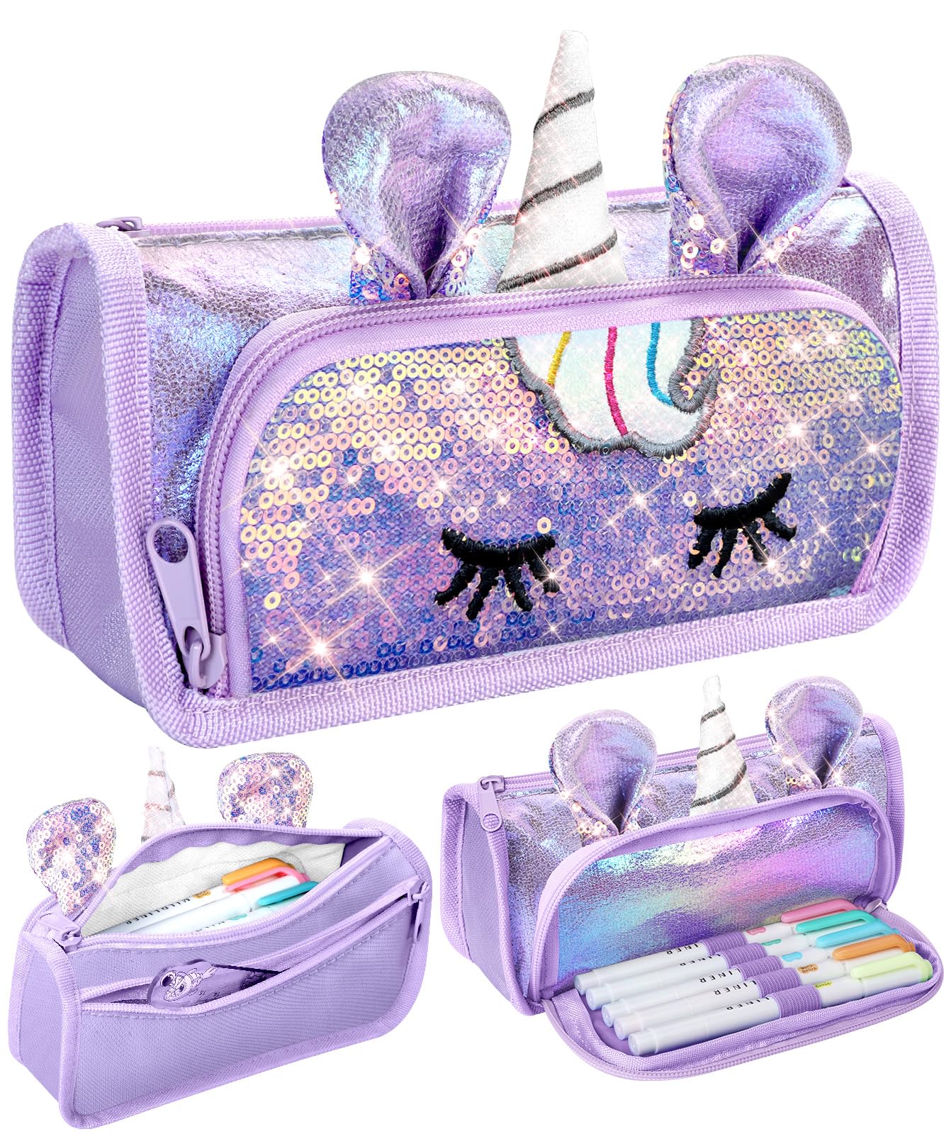 LISEVO 3D Sparkly Pencil Case Purple Cute Sequin Pencil Pouch Girls Kids