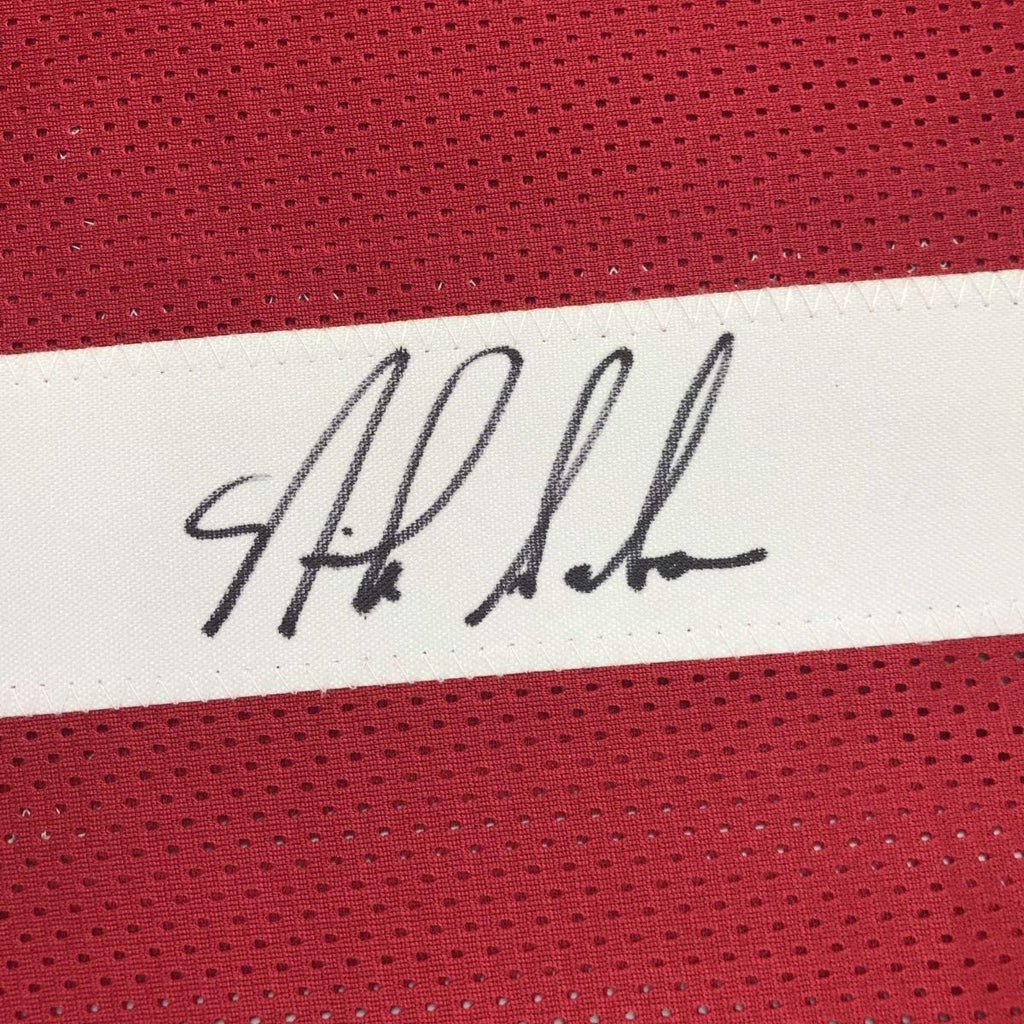 Framed Autographed/Signed Nick Saban 35x39 Alabama Red College Football Jersey Beckett BAS COA
