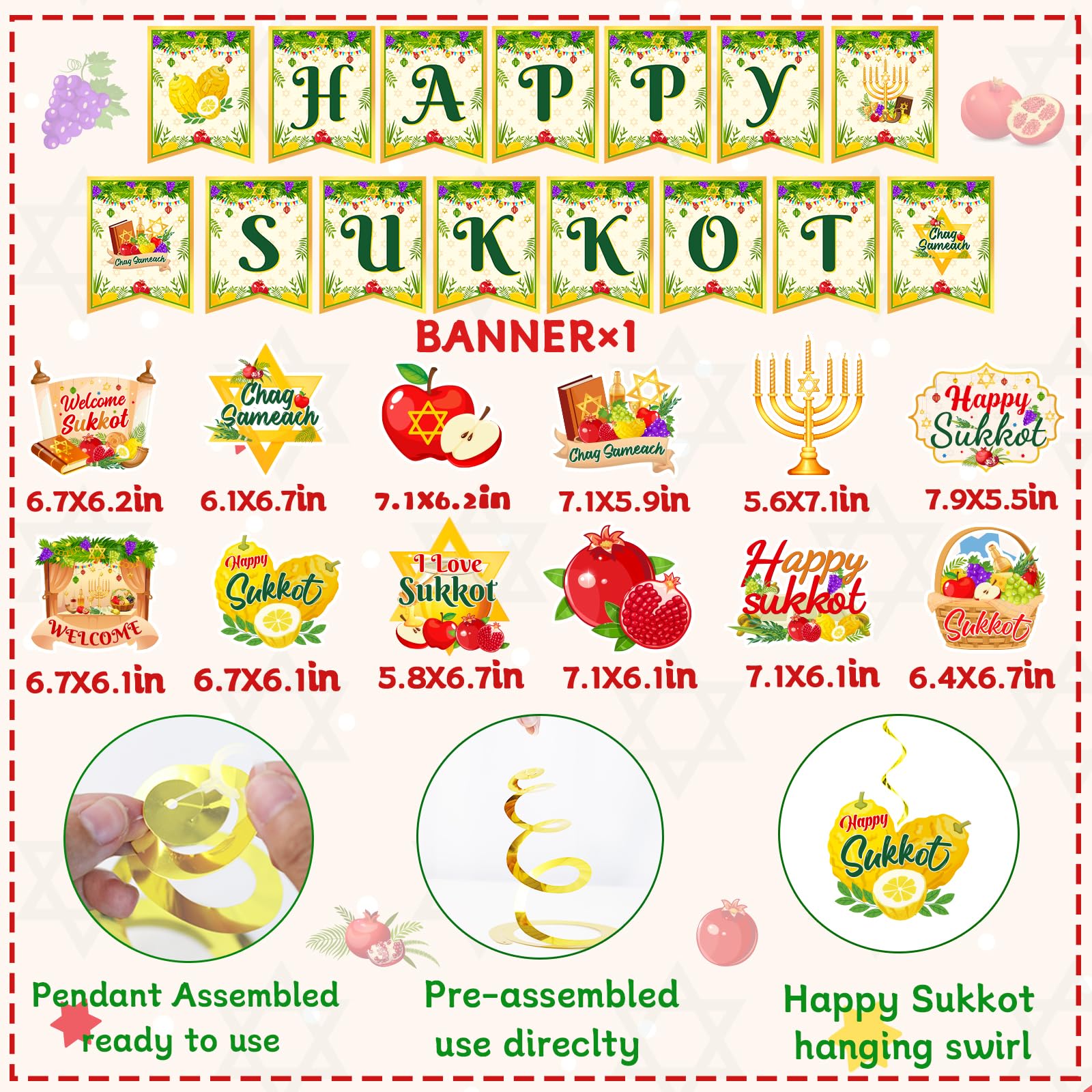 Sukkot Decorations Hanging Swirls Happy Sukkot Banner Ceiling Decor