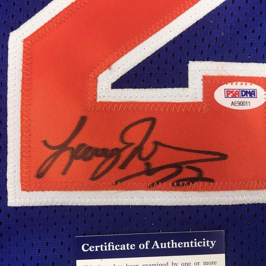 Framed Autographed/Signed Larry Johnson 35x39 New York Blue Basketball Jersey PSA/DNA COA