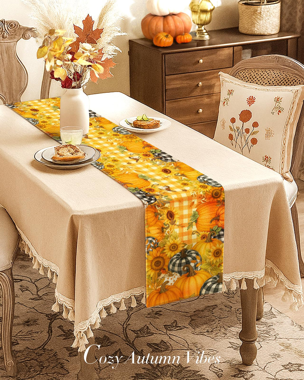 Miss Adola Pumpkin Plaid Fall Table Runner 13x72 Sunflower Decor