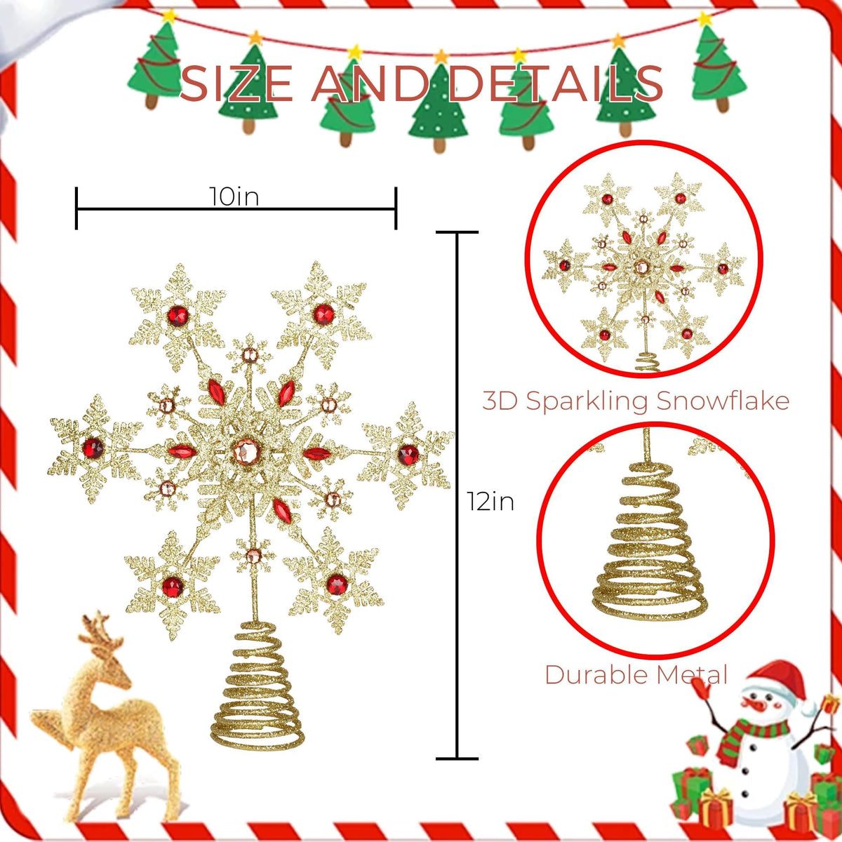 Glittering Gold Snowflake Christmas Tree Topper, 3D Sparkling Metal Snowflake for Xmas Decor, Holiday Party Indoor Decorations
