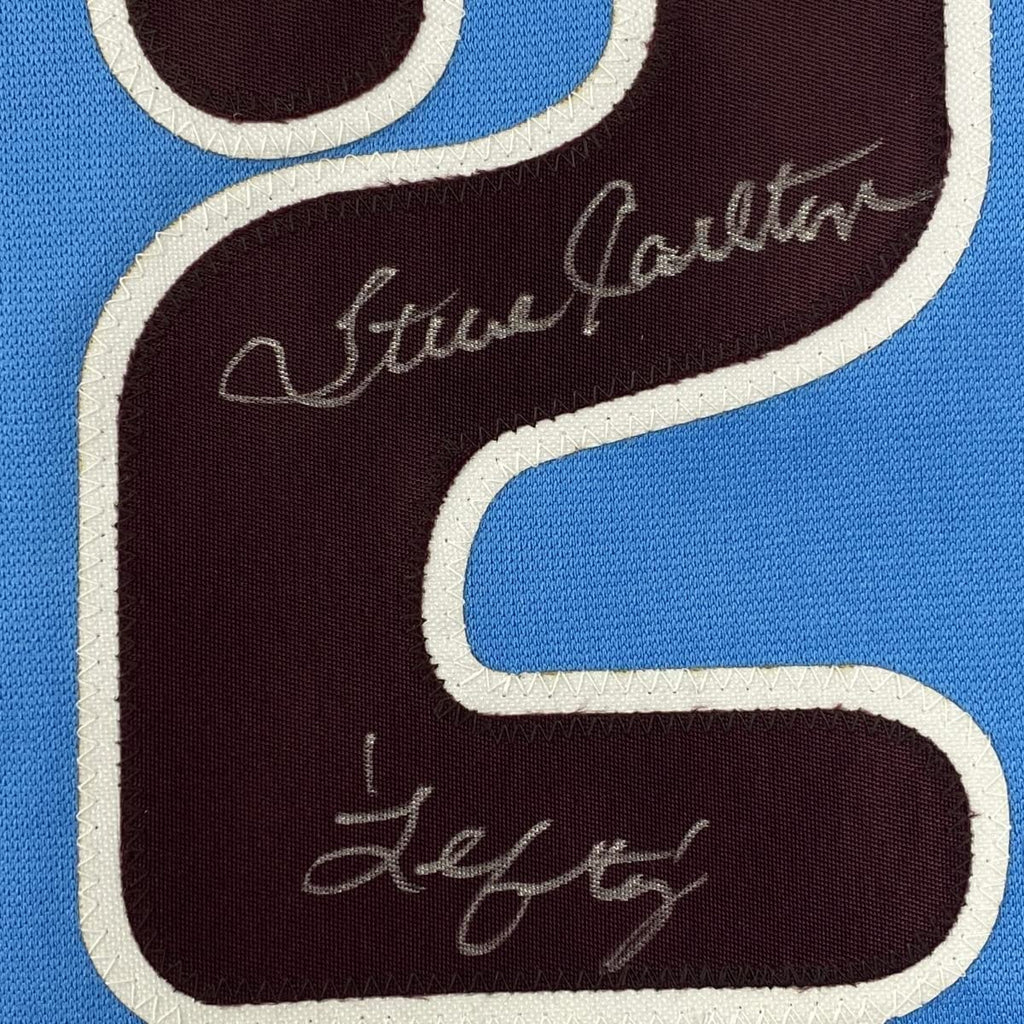 Framed Autographed/Signed Steve Carlton 35x39 Lefty Philadelphia Retro Blue Baseball Jersey JSA COA