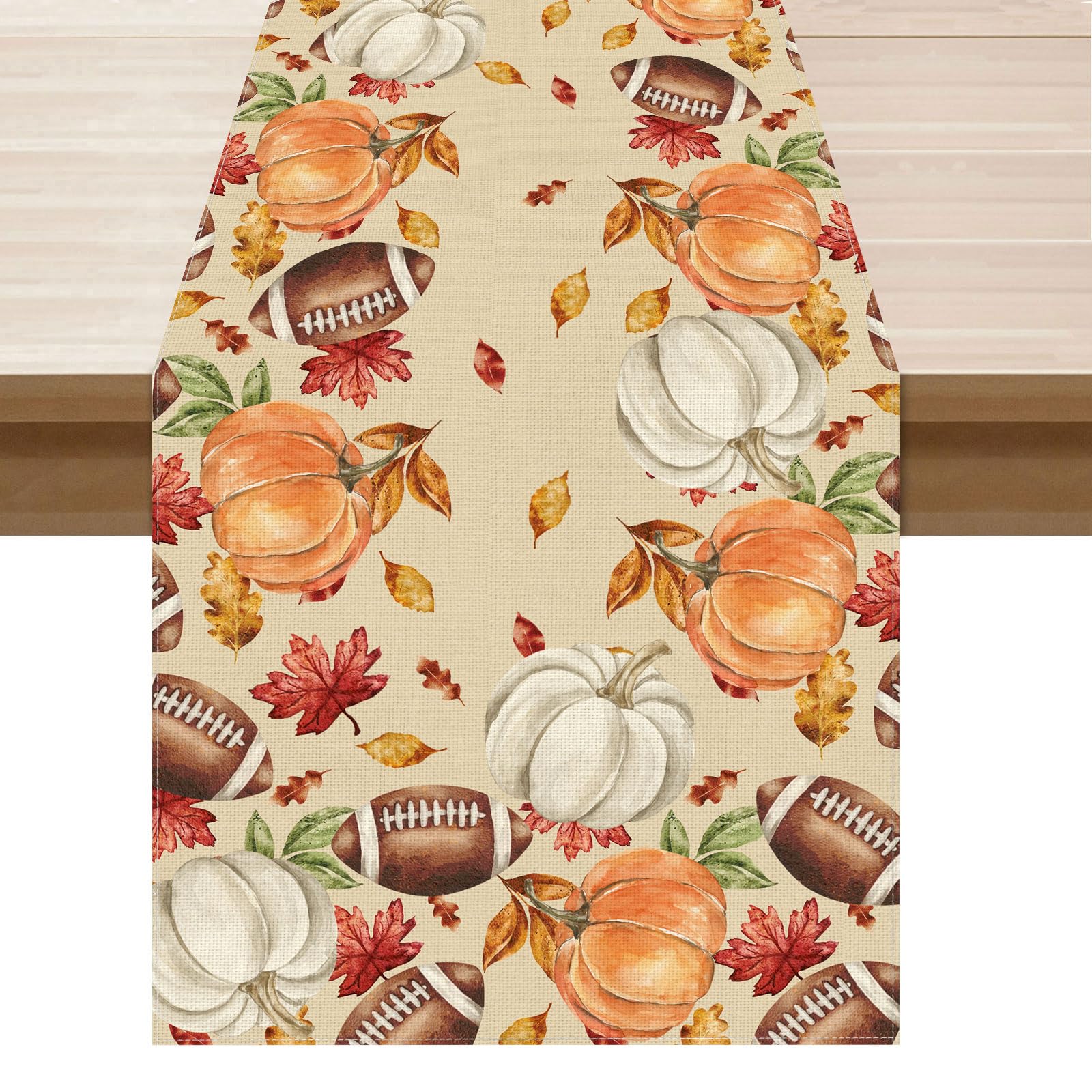 XCHI Fall Football Pumpkin Maple Leaves Table Runner Colored 13x108 Inch